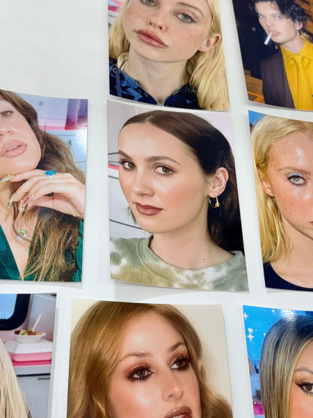 A photo of a board of photos of the Euphoria season 3 cast including Maude Apatow all in full makeup.