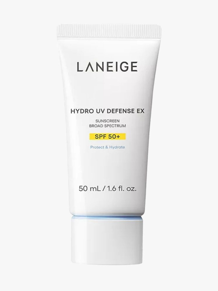Laneige Hydro UV Defense EX Sunscreen SPF 50+ in branded tube component on a light gray background