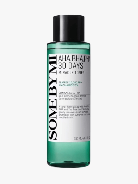 Some By Mi AHA BHA PHA 30 Day Miracle Exfoliating Toner in branded component on a light gray background