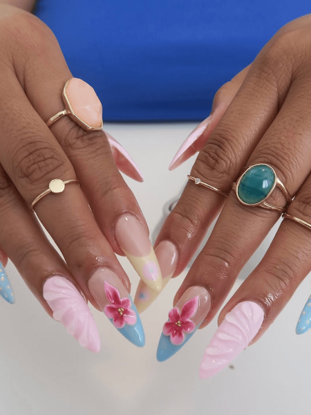 Pink and blue 3D flower nails