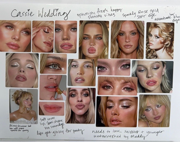 A photos of a moodboard of makeup looks titled Cassie Wedding captured in the Euphoria season 3 makeup trailer.