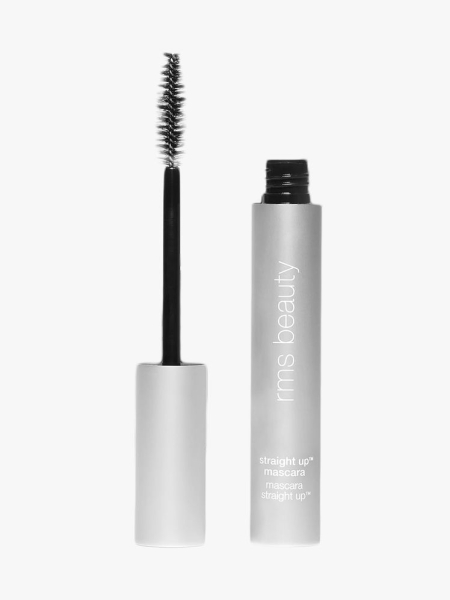 RMS Beauty Straight Up Volumizing Peptide Mascara in branded components on a light gray background